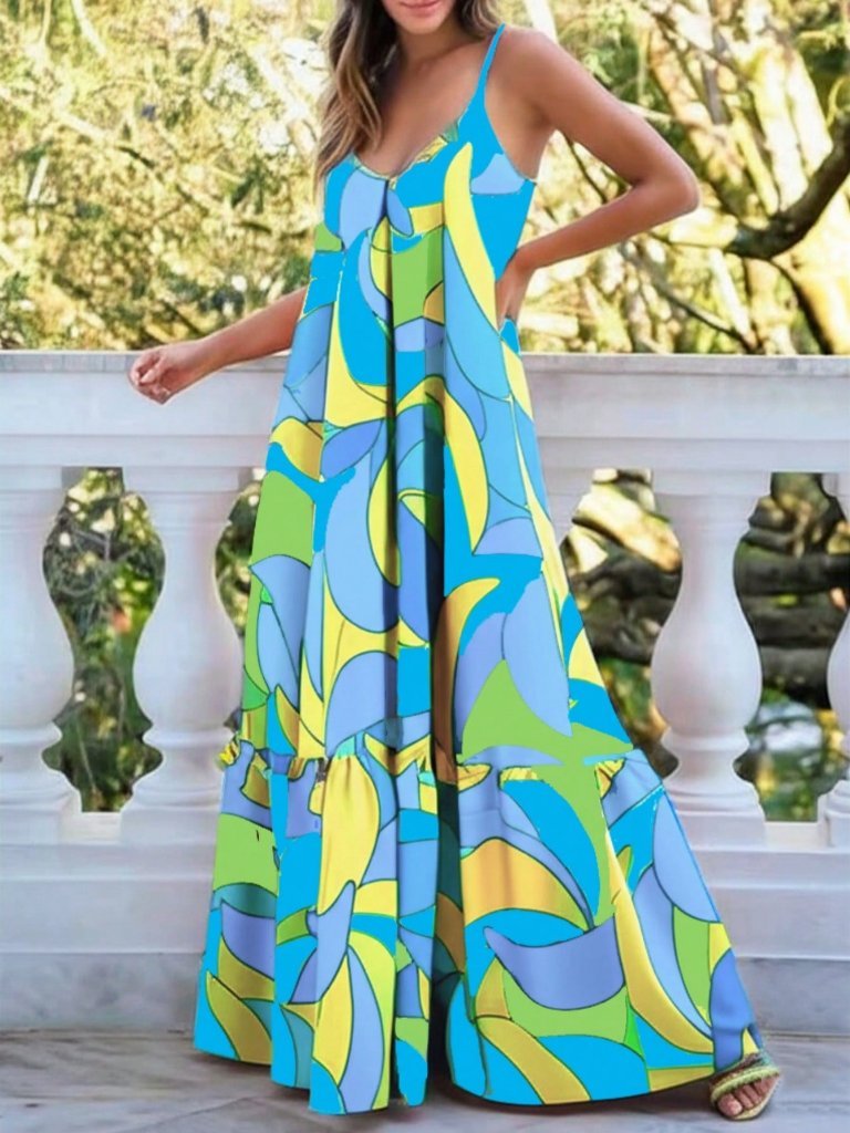 Green Boho Women's Sleeveless Printed Maxi Dress